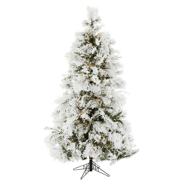 7.5-Ft. Flocked Snowy Pine Christmas Tree with Clear LED Lighting | Riverbend Home