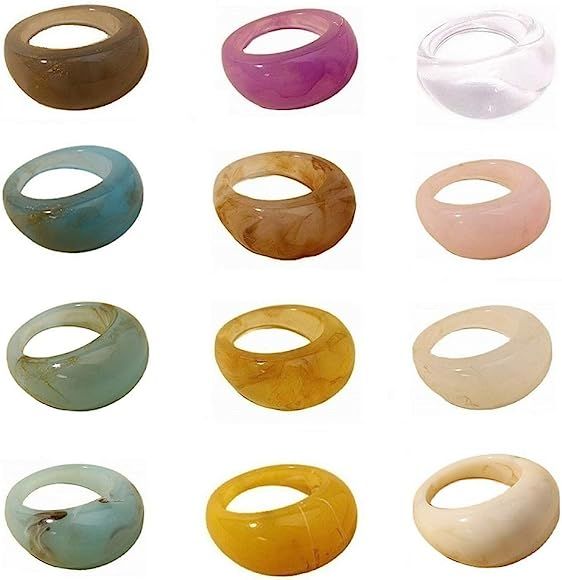 12 pcs Colorful Resin Rings Wide Thick Dome Knuckle Finger Stackable Joint Ring Retro Acrylic Tra... | Amazon (US)