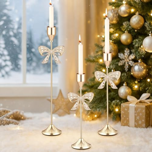 Ziliny 3 Pcs Christmas Bow Taper Candle Holders, 3 Size Gold Christmas Candlestick Holders, Xmas Candle Holder Vintage Decorative for Table Centerpiece Mantel Decor Holiday Housewarming Gifts | Amazon (US)