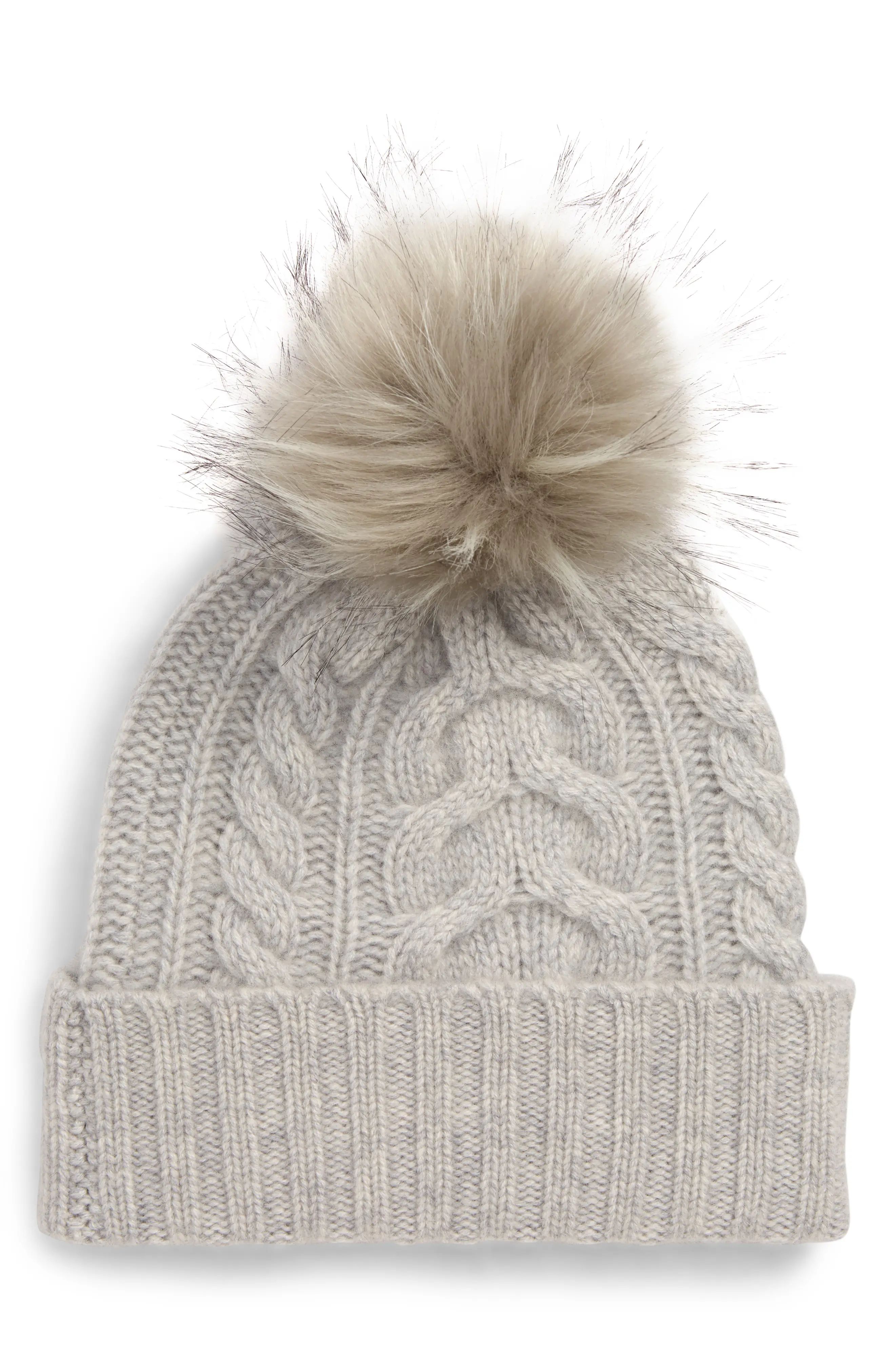 Halogen® Cashmere Cable Knit Beanie with Faux Fur Pom | Nordstrom
