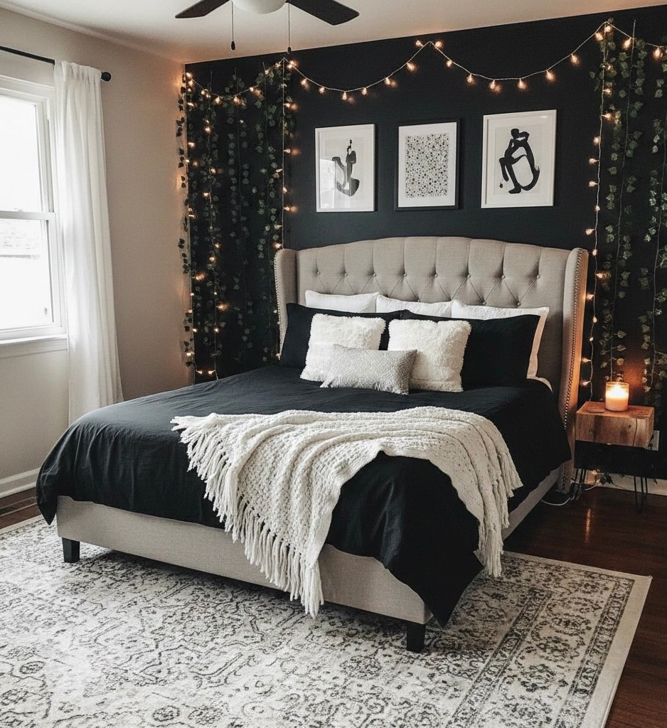 Transform your sleep space into a cozy retreat with these moody bedroom essentials! I’m obsessed with how the deep charcoal accent wall makes the fairy lights and faux ivy pop. The tufted wingback headboard adds that touch of "Neo Deco" luxury while keeping things grounded with neutral bedding and a plush fringe throw.

#LTKHome #LTKGiftGuide #LTKSaleAlert