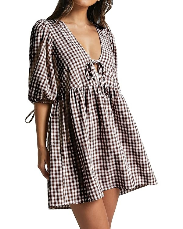 Women's Gingham Puff Sleeve Tie Front Babydoll Mini Dress | Amazon (US)