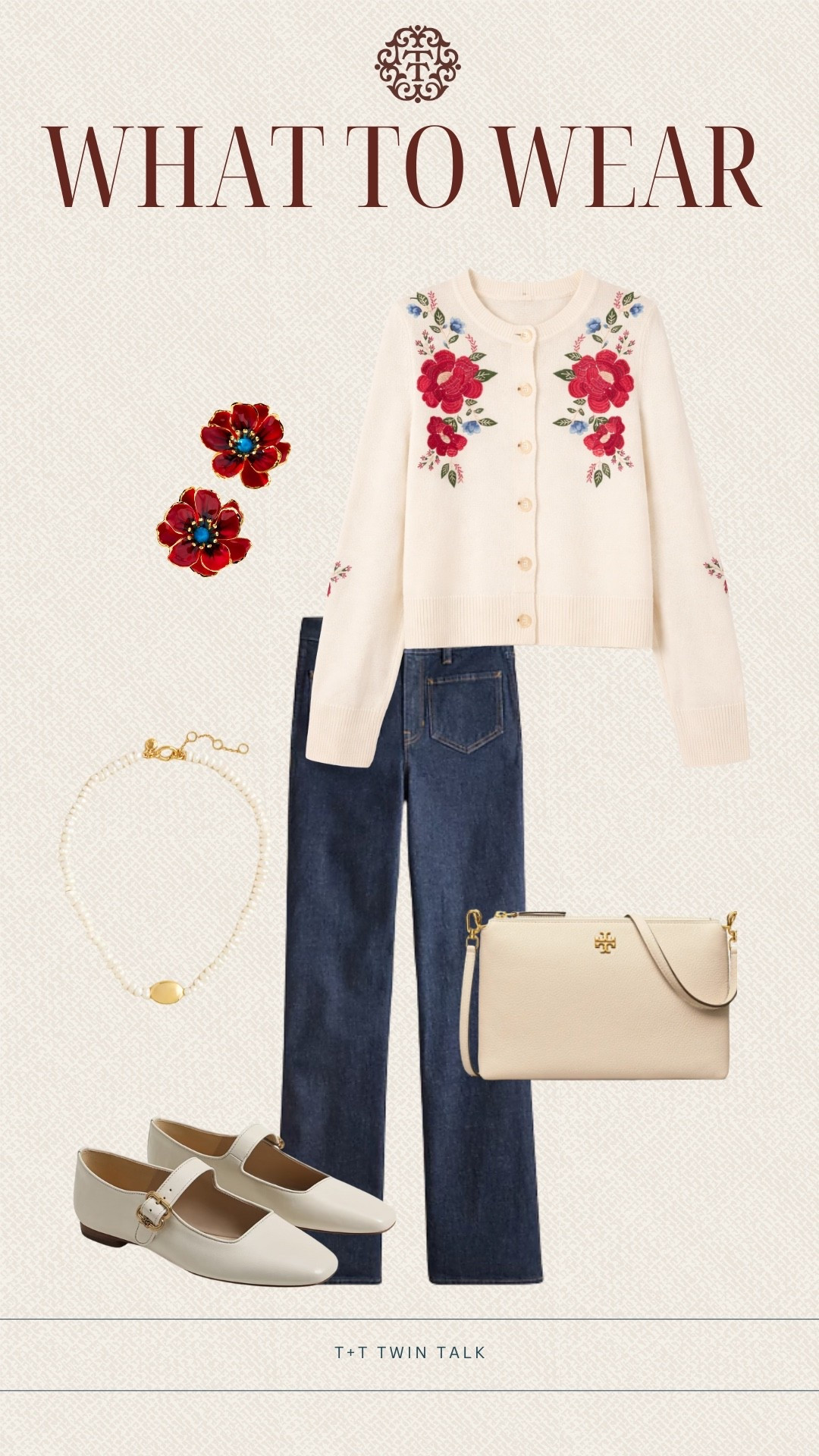 T+T, what to wear! We love this floral long sleeve cardigan paired with dark wash denim. We would accessorize with the red flower earrings from Anthropologie, simple purse, and a pair of Mary Jane flats. 

#LTKgrwm #LTKootd #LTKOver40