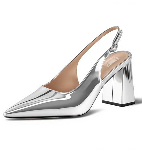 heelchic Silver Heels for Women Slingback Pointed Closed Toe Block Heels Patent Leather Pumps Comfortable Dressy Size6.5 | Amazon (US)