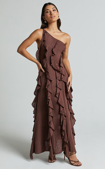 Britney Maxi Dress - One Shoulder Ruffle Detail Dress in Chocolate | Showpo (US, UK & Europe)