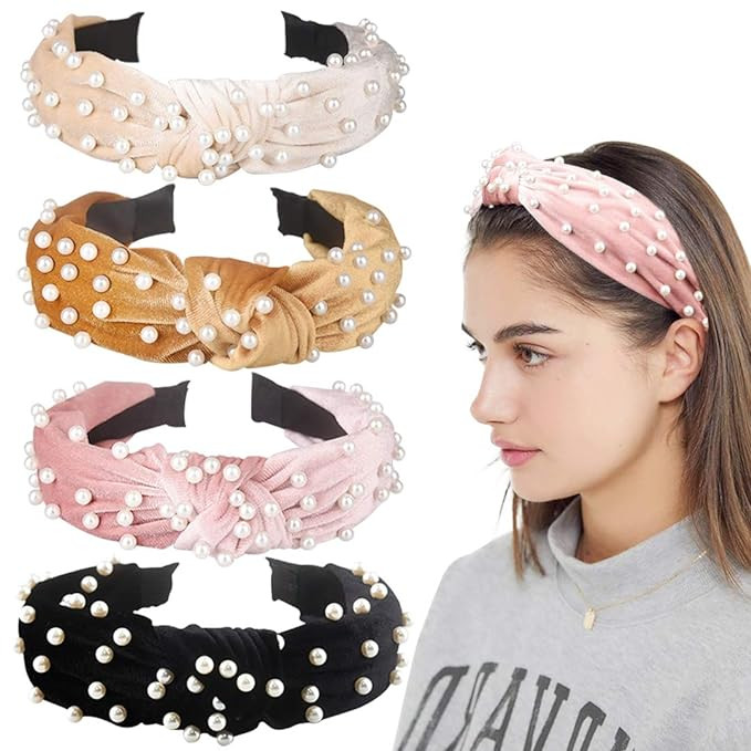 Allucho 4 Pack Velvet Wide Headbands Knot Turban Hairband Vintage Head wrap with Faux Pearl Elast... | Amazon (US)