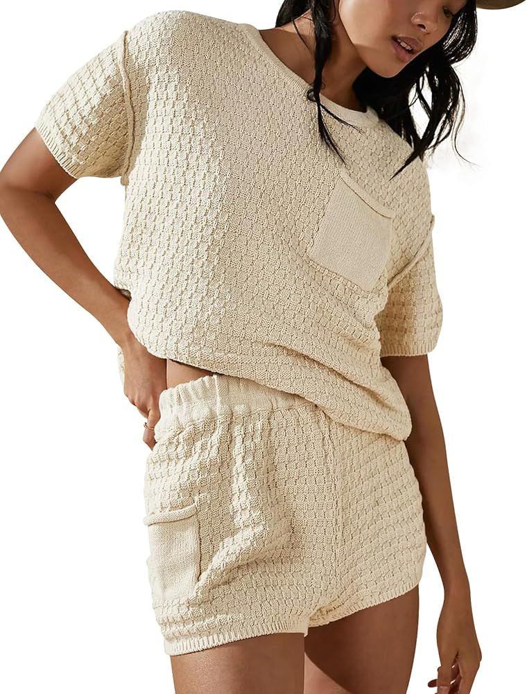 PEHMEA Women Knit Sweater Two Piece Outfits Short Sleeve Crew Neck Pullover and Shorts Lounge Set | Amazon (US)