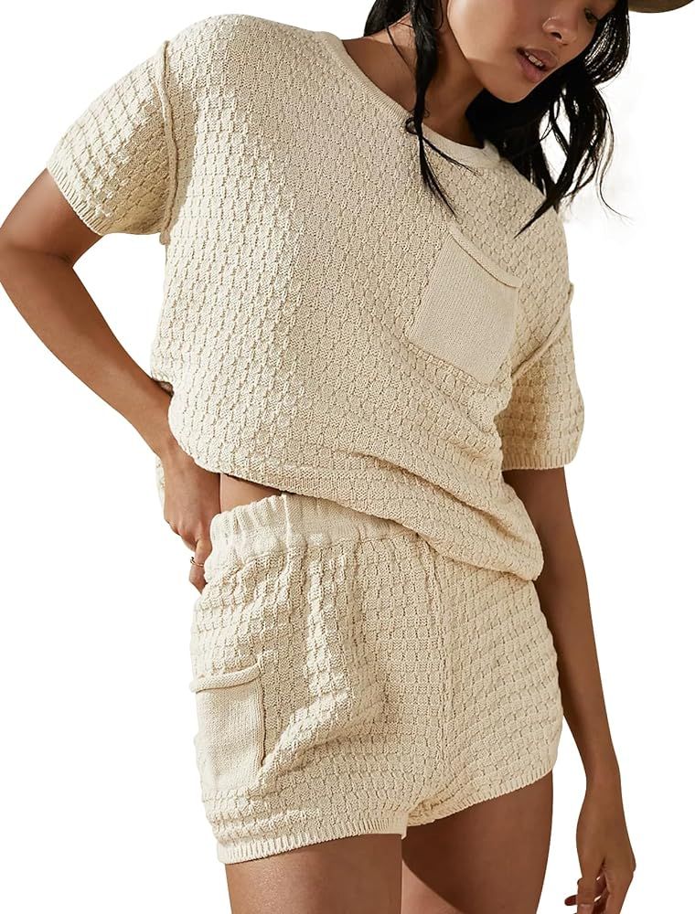 PEHMEA Women Knit Sweater Two Piece Outfits Short Sleeve Crew Neck Pullover and Shorts Lounge Set | Amazon (US)