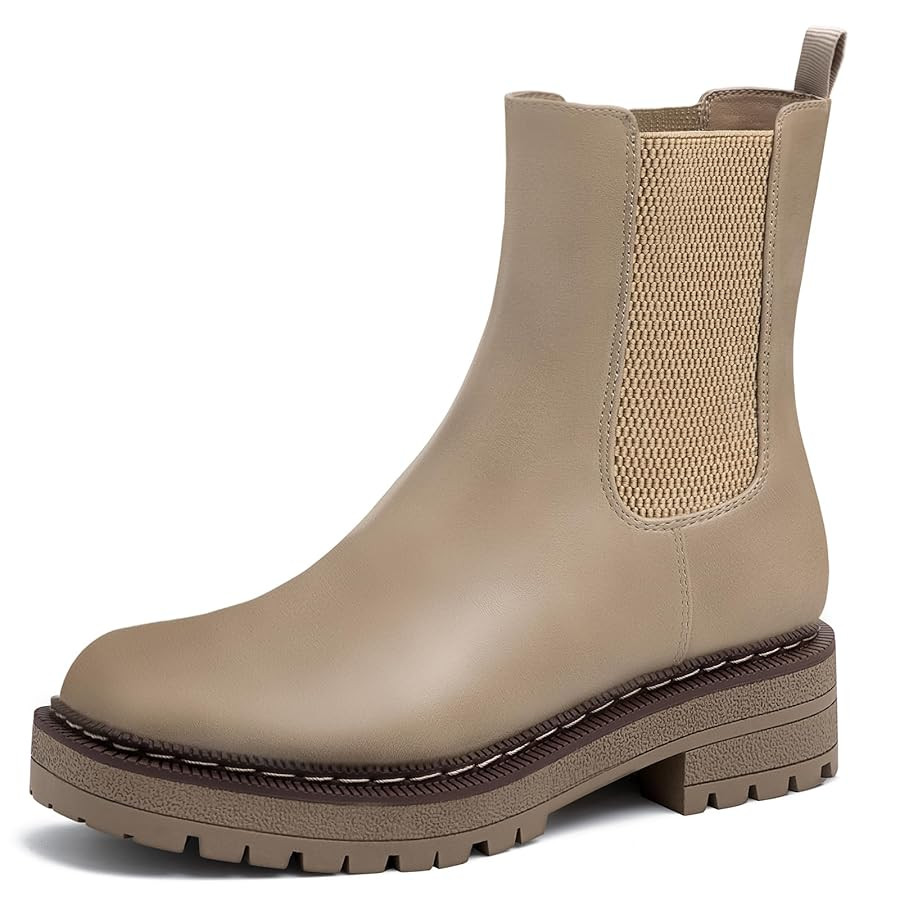 Athlefit Women's Chelsea Ankle Boots Platform Slip On Chunky Heel Lug Sole Leather Booties | Amazon (US)