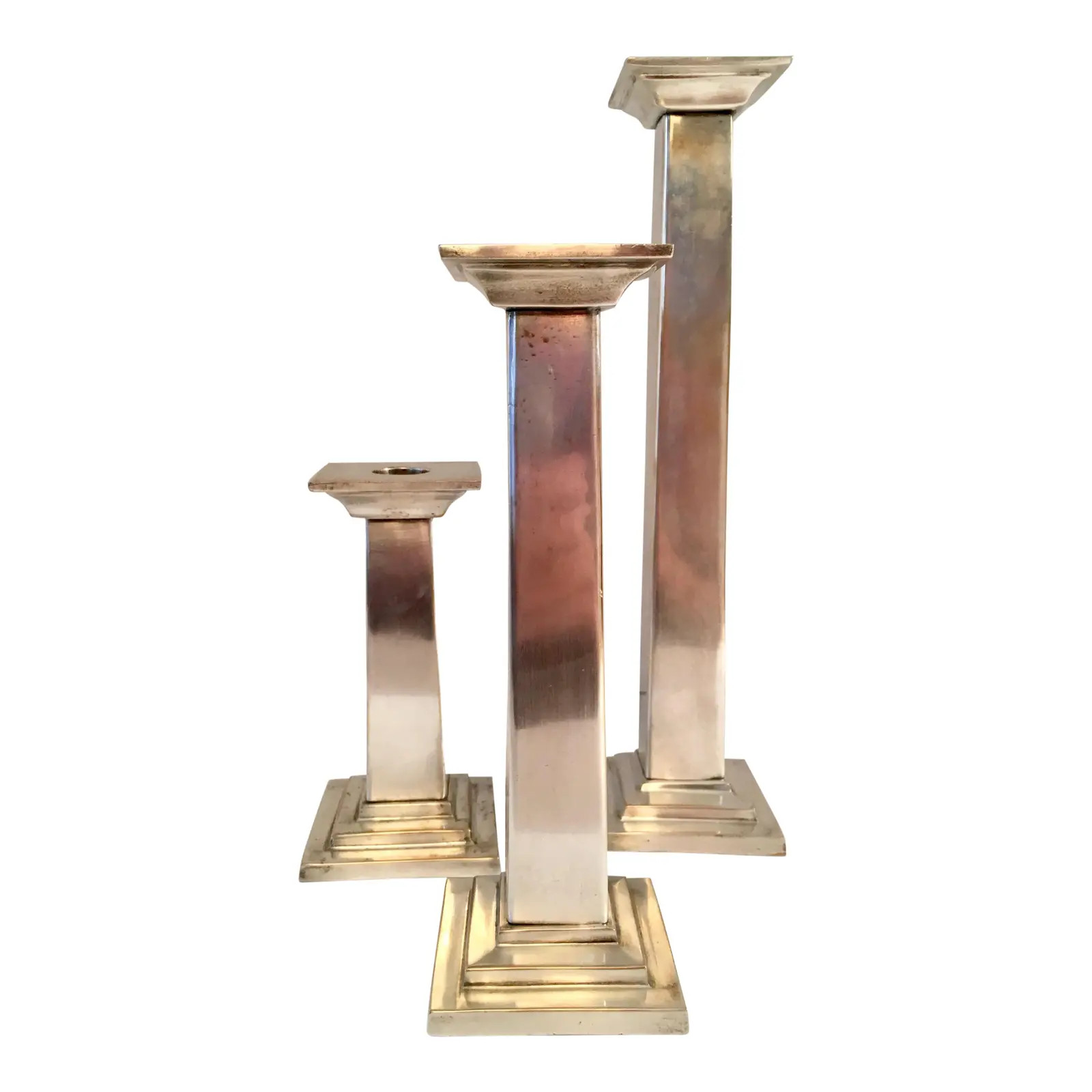 Silver Plate Column Candlesticks - Set of 3 | Chairish
