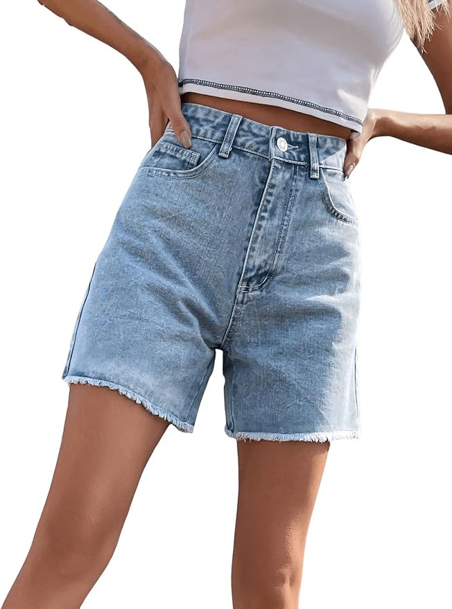 SweatyRocks Women's High Waist Denim Shorts Straight Leg Raw Hem Jean Shorts Summer Hot Pants wit... | Amazon (US)
