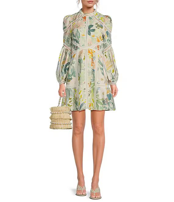 Tealan Linen Floral Print Ladder Lace Trim High Neck Side Pocket Long Sleeve Mini Dress | Dillard's