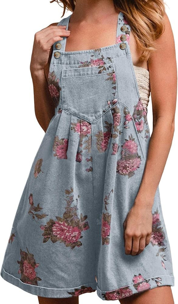 loveimgs Women Summer Straps Ruffle Short Denim Romper Floral Jean Overall Dress Cute Sleeveless ... | Amazon (US)