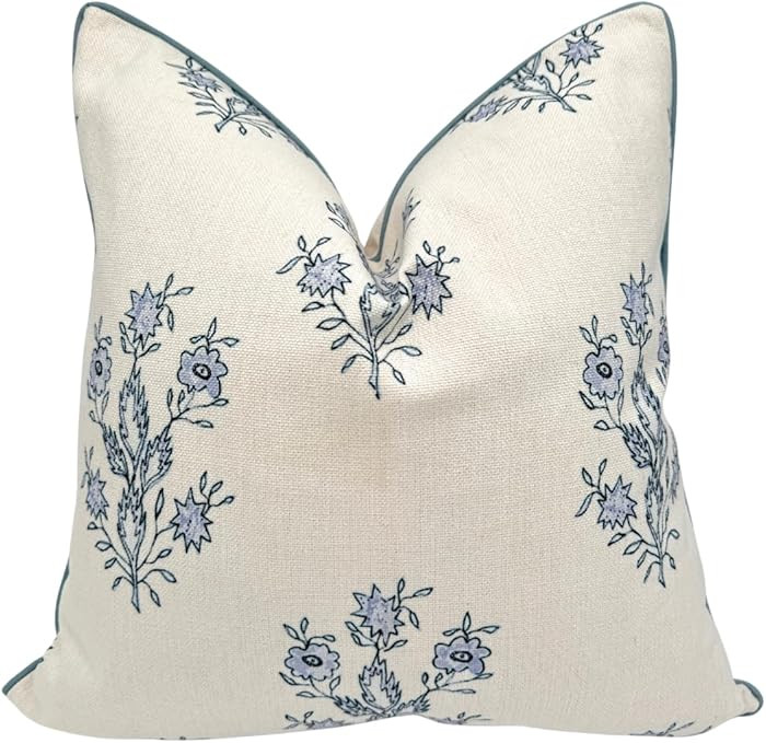 “The Mary” Blue and White Decorative Throw Pillow Cover – Floral Block Print Pillow Cover ... | Amazon (US)