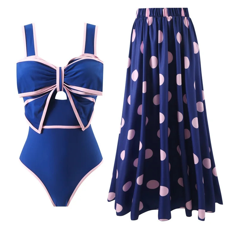 Women One-Piece Swimsuit with Cover up Wrap Skirt Sarong Bathing Suit Beach Outfit Summer | Walmart (US)