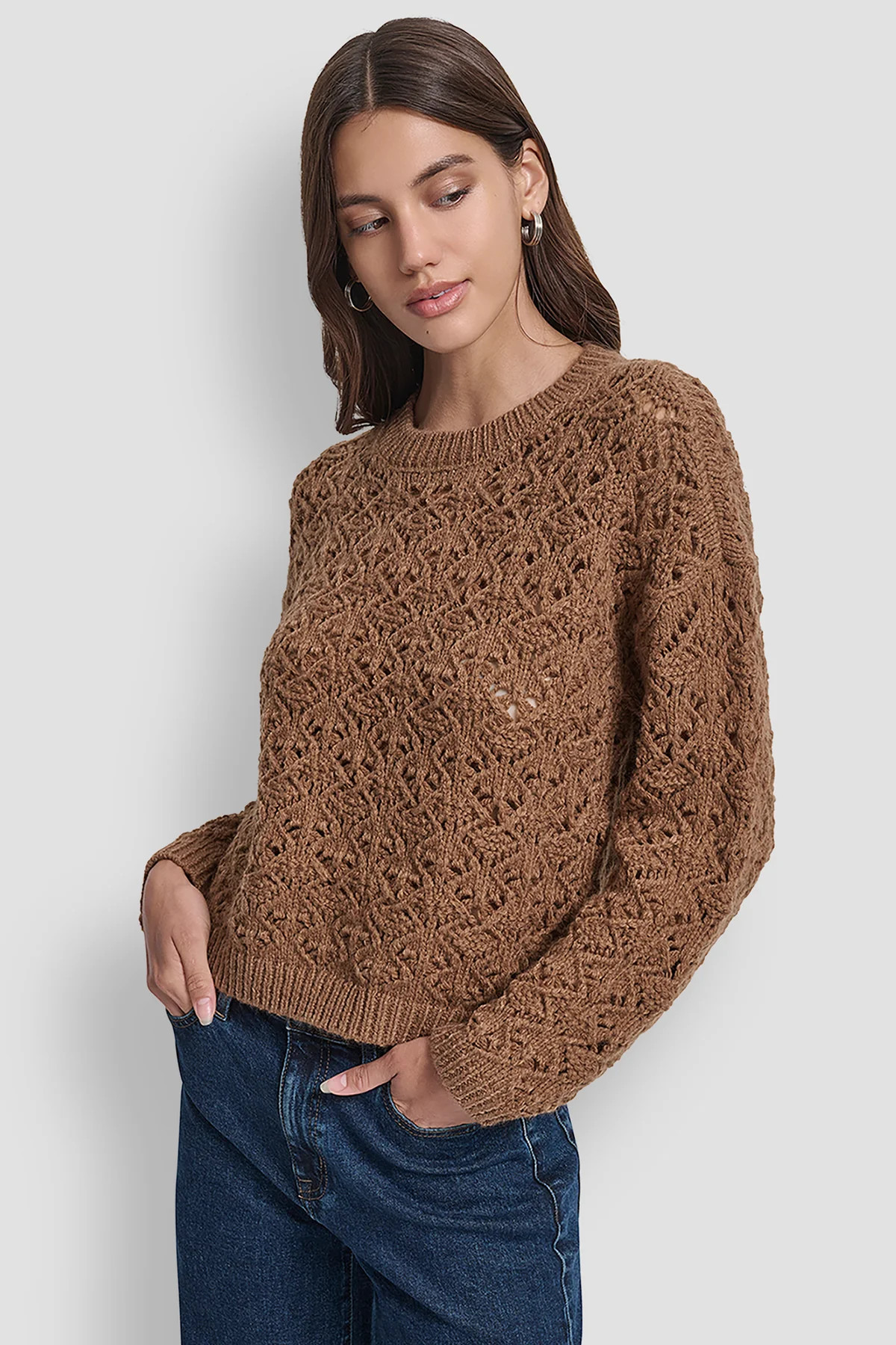 POINTELLE STITCH LONG SLEEVE CREW NECK SWEATER | DKNY