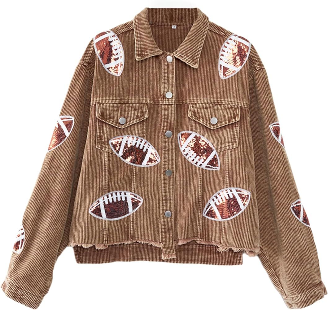 ELLENWELL Womens Cropped Corduroy Jacket Vintage Patched Football Sequin Shacket Jacket | Amazon (US)