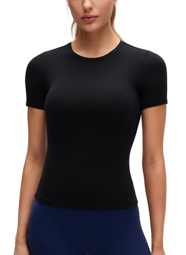 CRZ YOGA Softembrace High Neck Tops for Women - Soft Workout Casual Going Out Shirts Crewneck Tight Short Sleeve T-Shirt Black Medium | Amazon (US)