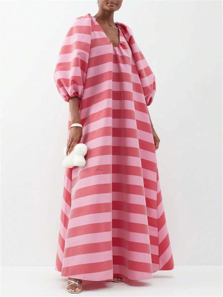 Romantic Striped Maxi Dress For Women - Plunging V-Neck With Three-Quarter Bell Sleeves, Loose Fi... | SHEIN