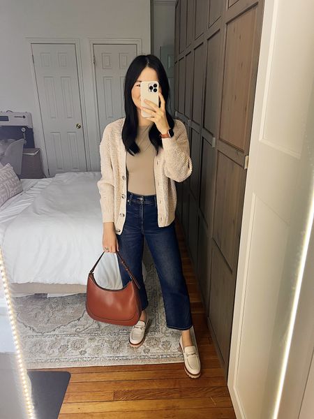 Beige cardigan
Beige t-shirt (XS)
High waisted jeans (4S)
Dark wash jeans
Brown bag
White loafers (TTS)
White chunky loafers
Smart casual outfit
Neutral outfit
Spring work outfit
Spring outfit

#LTKSeasonal #LTKfindsunder50 #LTKworkwear
