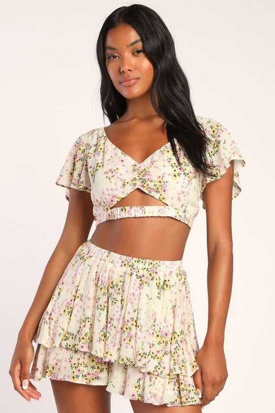Falling For You Cream Floral Print Tie-Back Two-Piece Romper | Lulus (US)
