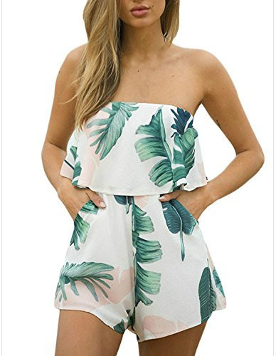 LiMiCao Floral Romper Strapless Beach Shorts Off Shoulder Jumpsuit for Women | Amazon (US)