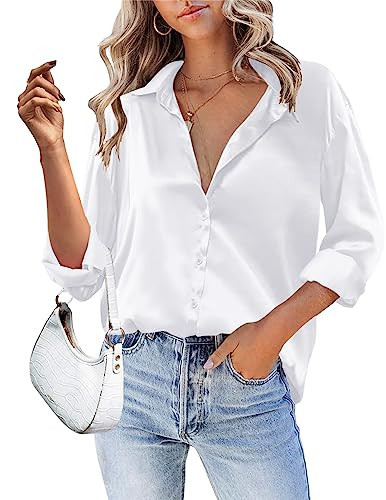 HOTOUCH White Button Shirt Women White V Neck Button Down Shirt Silk Casual Office Trendy Tunic Tops White 3XL | Amazon (US)