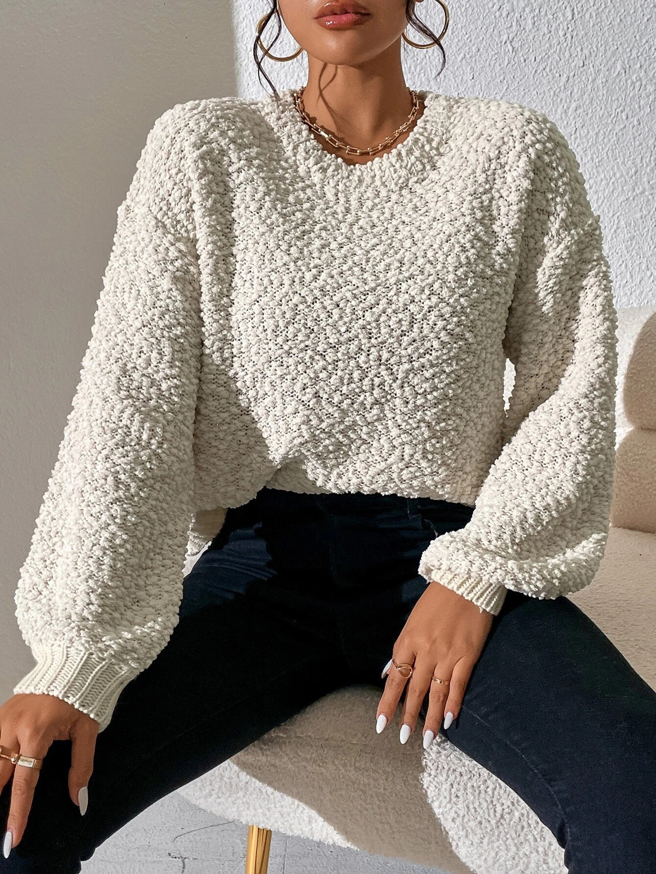 Drop Shoulder Popcorn Knit Sweater | SHEIN