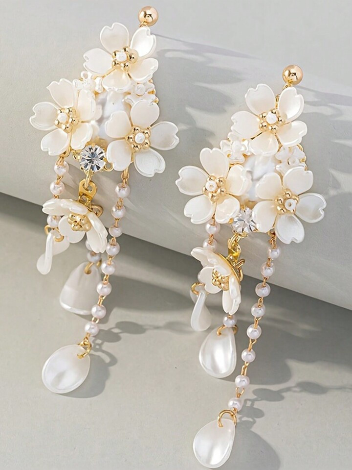 1Pair Exquisite Bride Earrings White Flower Design Dangle Earrings Elegant Simple Style Alloy Jew... | SHEIN