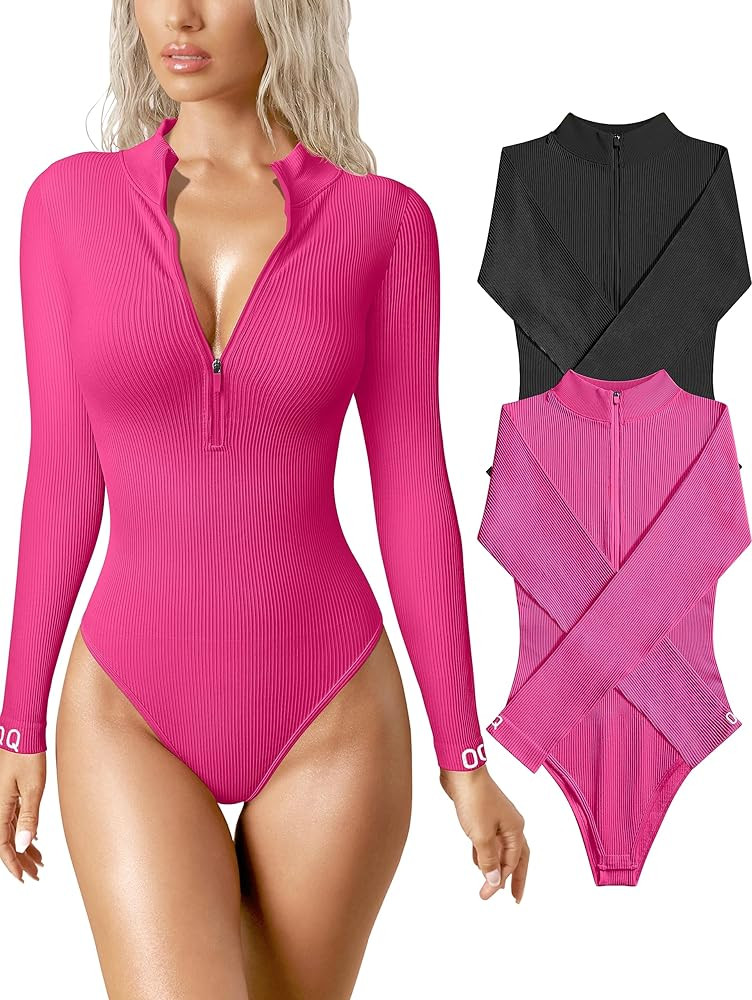 OQQ Women's 2 Piece Bodysuits Sexy Ribbed One Piece Zip Front Long Sleeve Tops Bodysuits | Amazon (US)