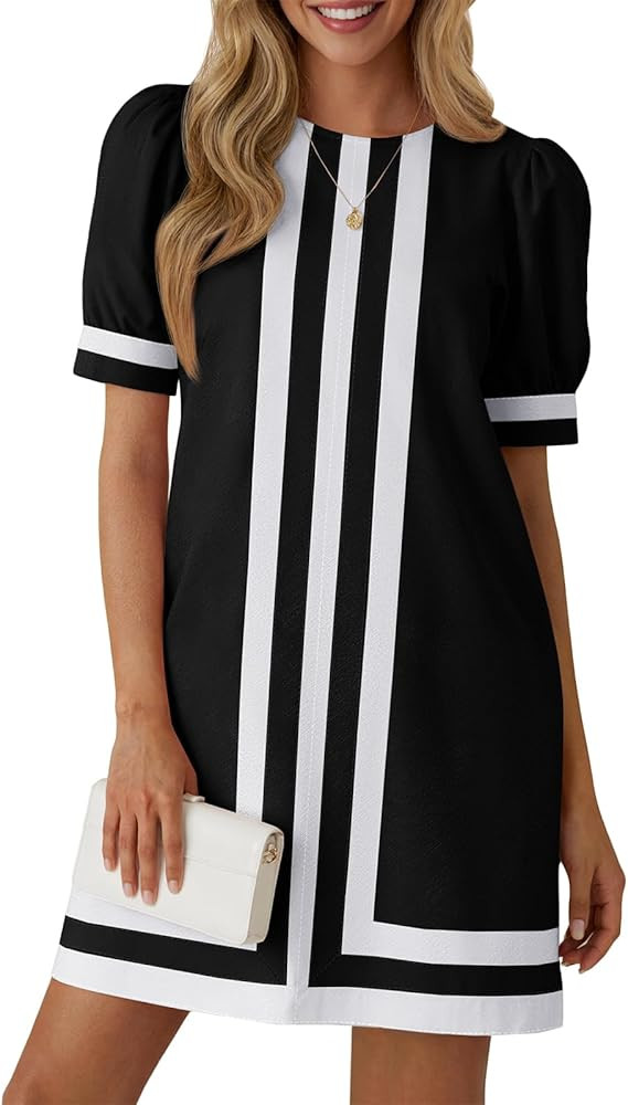 Wenrine Womens Puff Short Sleeve Mini Dress Summer Crewneck Striped Color Block Loose Casual Shif... | Amazon (US)