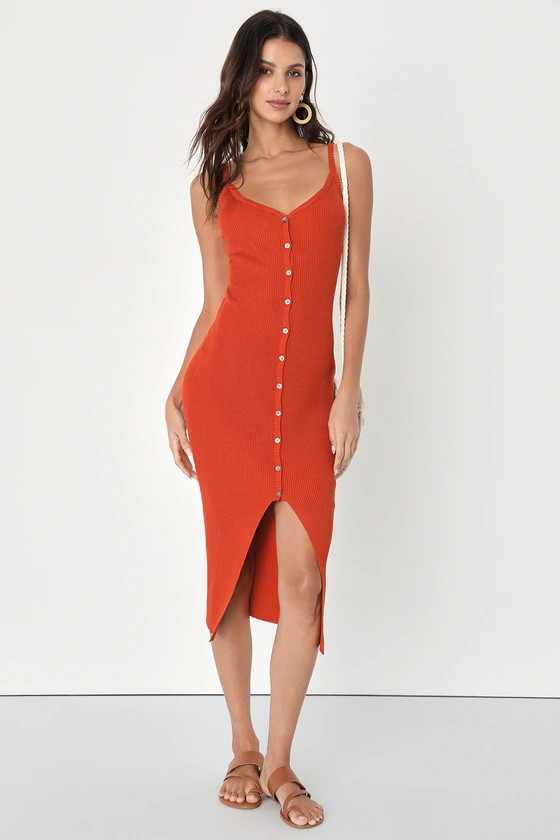 Blessed Vibes Rust Orange Ribbed Knit Button-Front Midi Dress | Lulus (US)