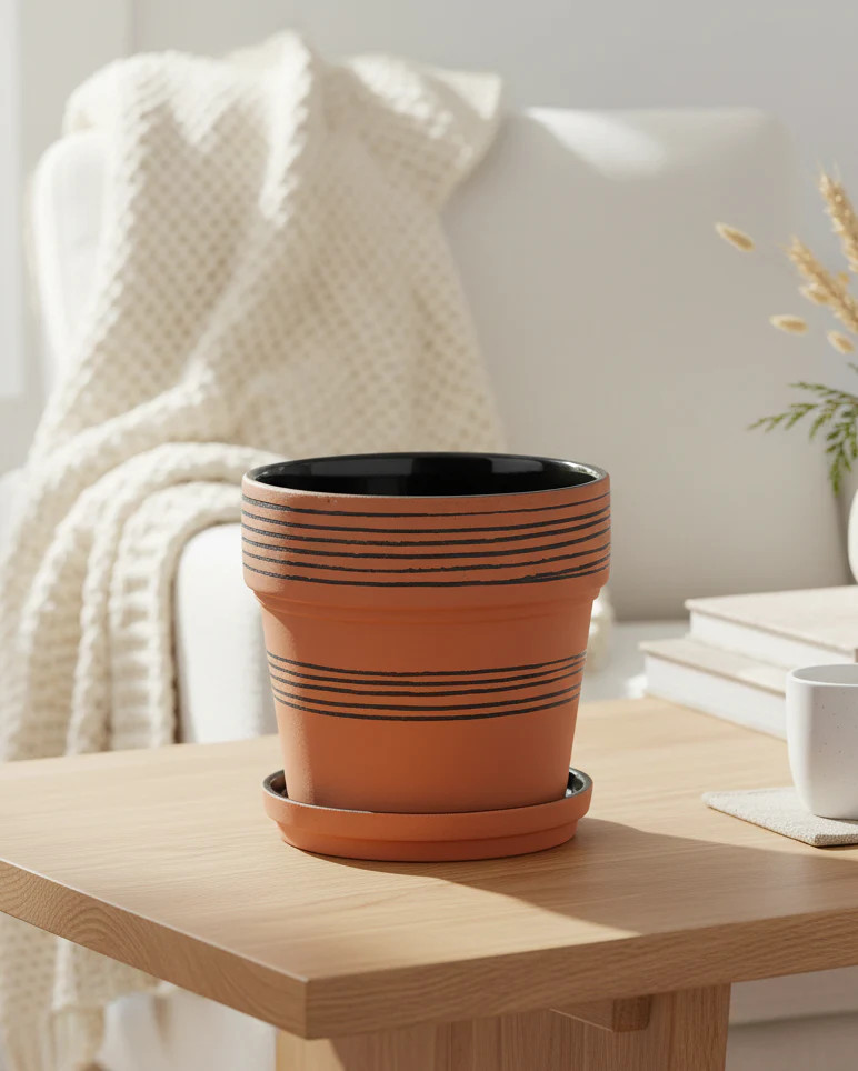 Miles Striped Terra Cotta Pot & Saucer | MJHome
