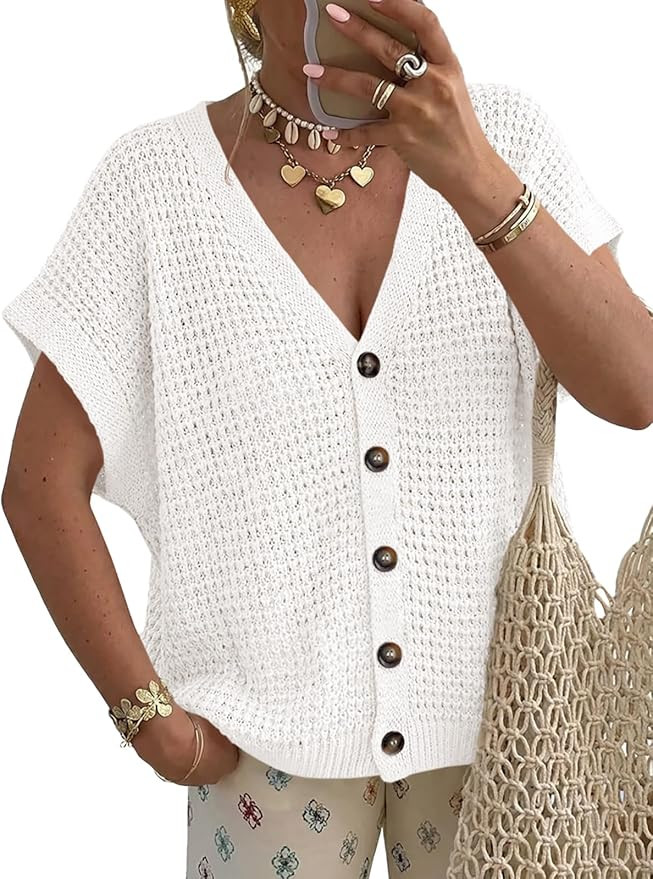 Fisoew Women's Short Sleeve Crochet Cardigans Sweater Tops Summer Button Down V Neck Casual Knit ... | Amazon (US)