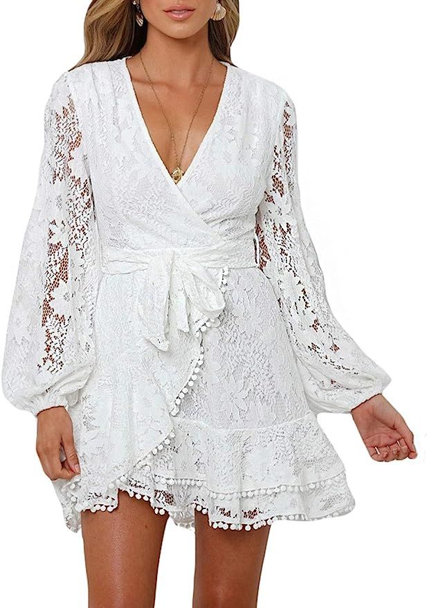 Women's Floral Flower Lace Faux Wrap Mini Dresses V Neck Long Lantern Sleeve Swing Short Dress wi... | Amazon (US)