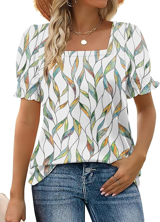 WEESO Womens Summer Tops 2026 Trendy Square Neck Blouses Short Puff Sleeve Shirts | Amazon (US)