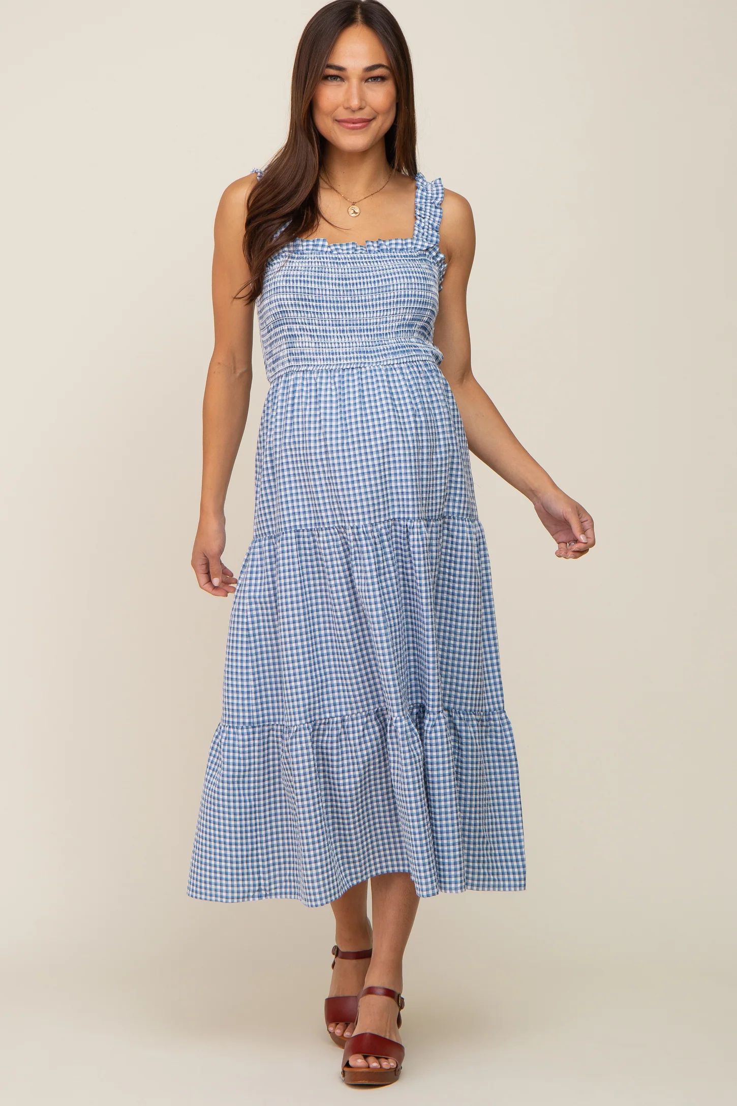 Blue Gingham Smocked Tiered Maternity Midi Dress | PinkBlush Maternity