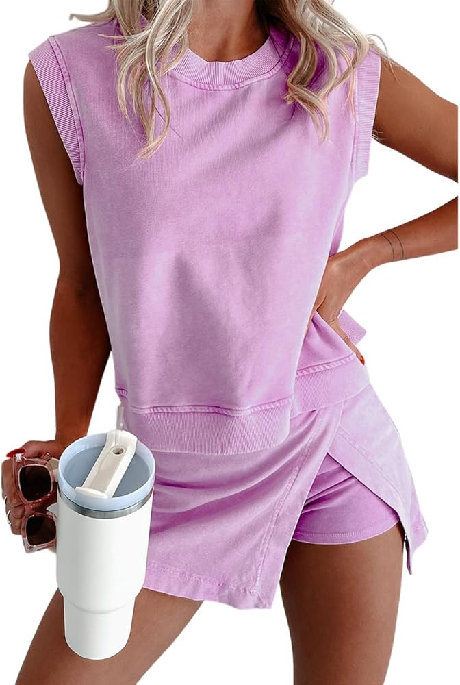 Ecosunny Women's Summer 2 Piece Sets Sweatsuits Casual Crewneck Sleeveless Matching Sets Trendy S... | Amazon (US)