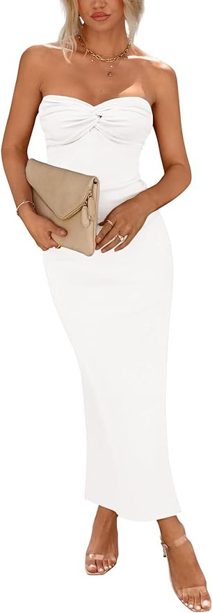 PRETTYGARDEN Women's Bodycon Long Dresses Summer Strapless Tube Twist Knot Front Ribbed Knit Maxi... | Amazon (US)