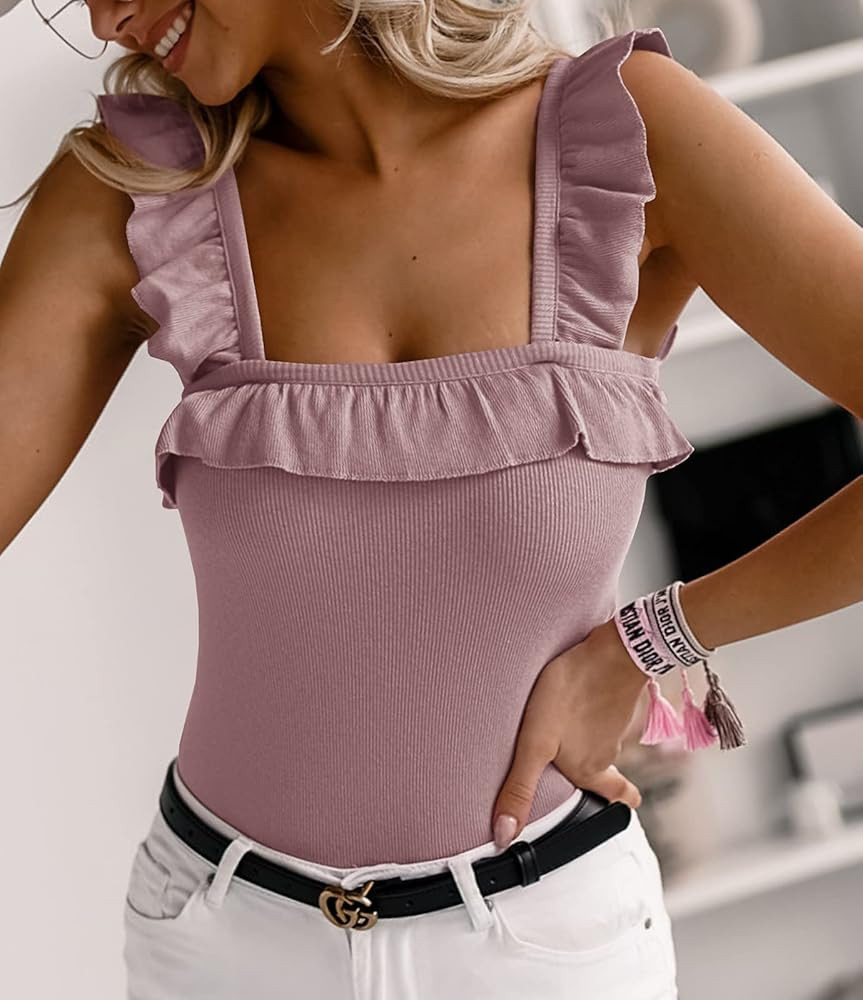 Womens Cute Sleeveless Tank Tops Ruffle Strap Square Neck Blouse Solid Color Knitted Camisole | Amazon (US)