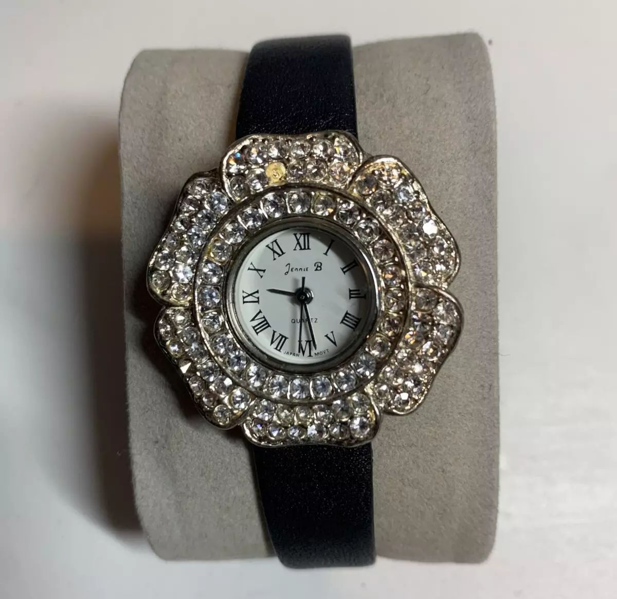 Jenni B. Rhinestone Watch Flower Rhinestone White Dial Black Leather Band  | eBay | eBay US