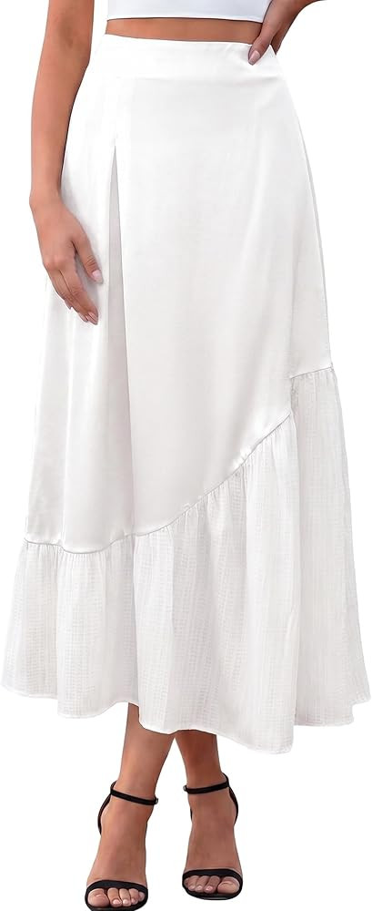 DERAX Womens Satin Silk Maxi Skirt Flowy Asymmetrical High Waisted Pleated Spring Summer Long Mid... | Amazon (US)