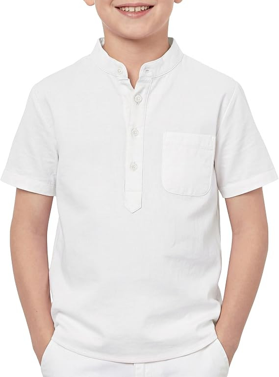 Boys Linen Henley Shirts Short Sleeve Lightweight Beach Dress T Shirt Casual Summer Tops with Poc... | Amazon (US)