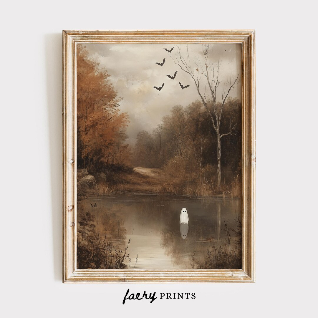 Spooky Landscape Print Moody Halloween PRINTABLE Wall Art Little Ghost Art Vintage Halloween Deco... | Etsy (US)