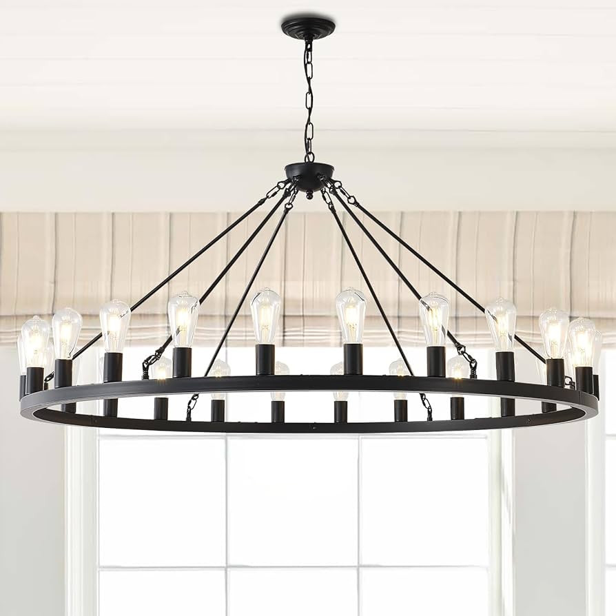 53” Large Farmhouse Wagon Wheel Chandelier,Black Rustic Chandelier 24-Lights,Round Dining Room Light with Adjustable Height,Industrial Ceiling Light Fixtures for Kitchen,Foyer,Porch,Living room | Amazon (US)