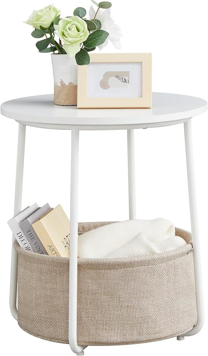 VASAGLE Small Round Side End Table, Modern Nightstand with Fabric Basket, Classic White, Sand Bei... | Amazon (US)