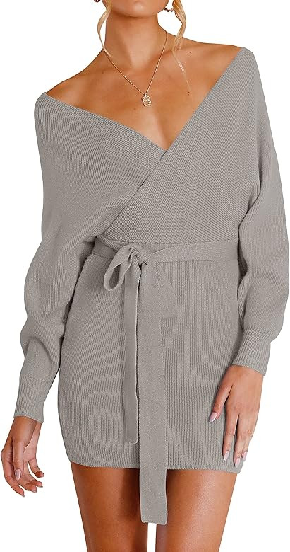 ZESICA Women's 2023 Fall Long Batwing Sleeve Wrap V Neck Knitted Backless Bodycon Pullover Sweate... | Amazon (US)