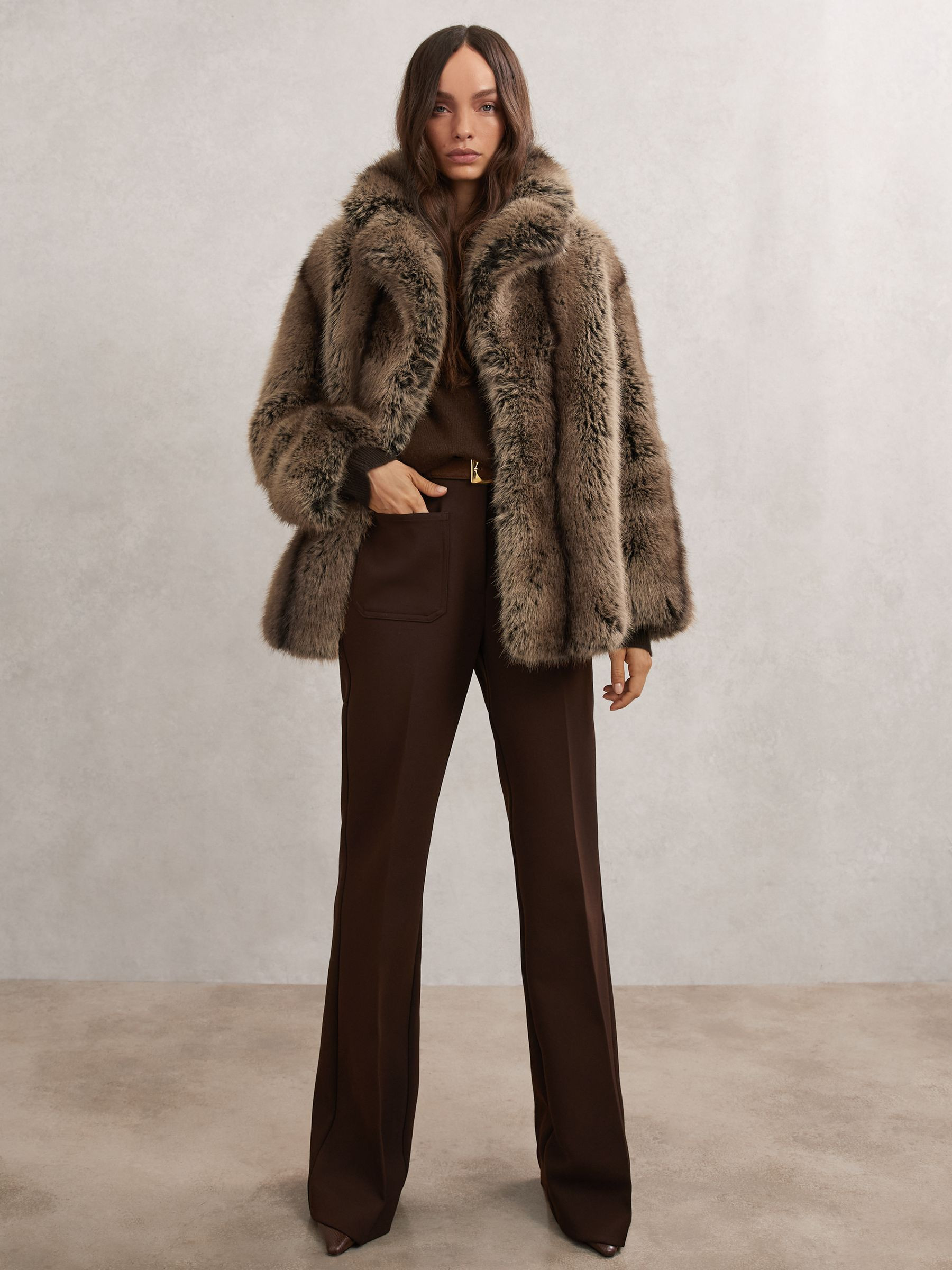 Faux-Fur Coat in Brown | Reiss UK