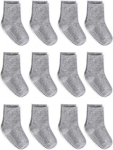 ZAPLES Baby Non Slip Grip Crew Socks with Anti Skid Soles for Infants Toddlers Kids Boys Girls, Gray, 8-10 Years | Amazon (US)