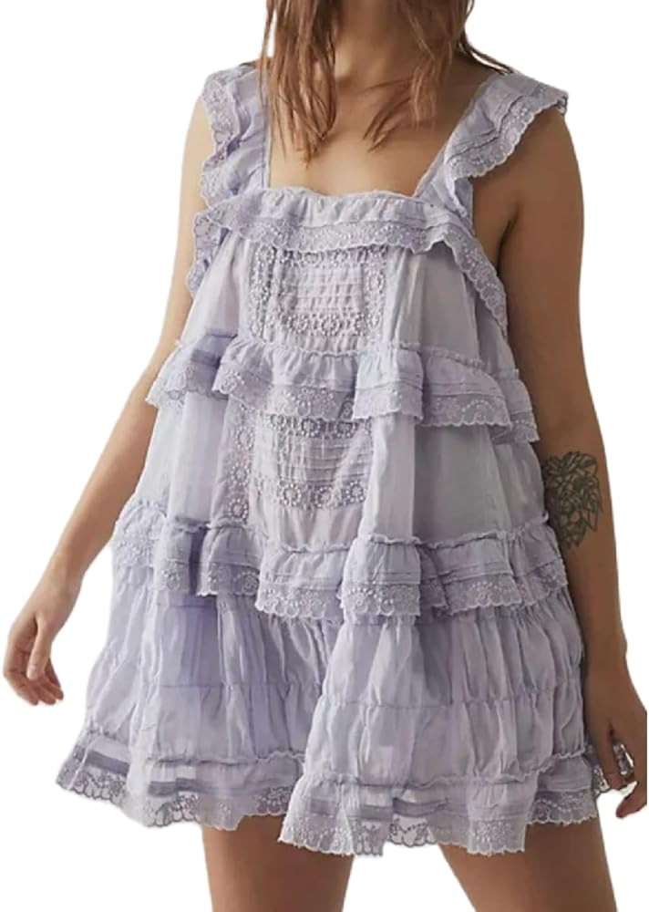 Women Ruffle Babydoll Mini Dress Cute Bow Flowy Sundress Floral Loose Sling Dress Lace Trim Going... | Amazon (US)